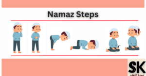 Step-by-step images of how to pray Namaz (Salah), showing each prayer position from Takbir to Salam.